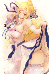 Rule 34 | 1girl, alternate costume, animal ears, ass, bare shoulders, blonde hair, bouquet, breasts, bride, clothes lift, cowboy shot, dearmybrothers, dress, dress lift, elbow gloves, flower, fox ears, fox tail, garter straps, gloves, hair flower, hair ornament, hair ribbon, highres, large breasts, looking at viewer, multiple tails, ribbon, solo, tail, thighhighs, thighs, touhou, wedding dress, white dress, white gloves, white thighhighs, yakumo ran, yellow eyes