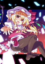 Rule 34 | 1girl, akaneya, ascot, black pantyhose, blonde hair, bow, brown pantyhose, crotch seam, crystal, embodiment of scarlet devil, falling, fang, feet, flandre scarlet, frills, full body, gradient background, hat, hat ribbon, looking at viewer, mob cap, no shoes, open mouth, panties, panties under pantyhose, pantyhose, pantyshot, puffy short sleeves, puffy sleeves, red eyes, ribbon, shirt, short sleeves, side ponytail, skirt, skirt set, smile, soles, solo, thighband pantyhose, toes, touhou, underwear, vest, wings