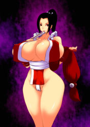 Rule 34 | 7961 shiki, breasts, cameltoe, cleavage, covered erect nipples, curvy, fatal fury, hand fan, highres, hip focus, huge breasts, japanese clothes, pubic hair, shiranui mai, smile, snk, the king of fighters, thighs, wide hips