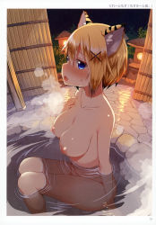 Rule 34 | 1girl, absurdres, animal ears, arm at side, artist name, bathing, blonde hair, blue eyes, blush, breasts, fisheye, from side, greatmosu, hair between eyes, hair ornament, hand on own chest, highres, large breasts, looking at viewer, nipples, onsen, outdoors, partially submerged, scan, short hair, solo, steam, tail, tiger ears, tiger tail, toranoana, water, x hair ornament