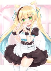 Rule 34 | 1girl, :d, animal ears, apron, black bow, black bowtie, black dress, blonde hair, blue hair, blush, bow, bowtie, breasts, brown hair, cat ears, cat girl, cat tail, collar, commentary request, detached collar, dress, frilled apron, frilled dress, frills, green eyes, hair ornament, hairclip, heart, heart hands, highres, long hair, looking at viewer, maid, multicolored hair, open mouth, original, puffy short sleeves, puffy sleeves, shikito (yawa0w0), short sleeves, small breasts, smile, solo, standing, standing on one leg, streaked hair, tail, thighhighs, twintails, two-tone hair, very long hair, waitress, white apron, white collar, white thighhighs, wing collar, wrist cuffs
