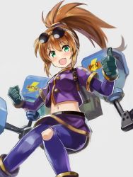 Rule 34 | 1girl, :d, breasts, brown hair, edobox, eyewear on head, gloves, green eyes, long hair, looking at viewer, mechanical arms, navel, open mouth, pantyhose, ponytail, precis neumann, simple background, skirt, smile, solo, star ocean, star ocean the second story, torn clothes