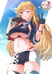 Rule 34 | 2girls, ;), absurdres, azur lane, black gloves, black jacket, blonde hair, blue eyes, blue sky, blush, breasts, character request, check character, chibi, chibi inset, closed mouth, clothing cutout, cloud, commentary, cosplay, crop top, cropped jacket, gloves, hairband, half gloves, heart, highres, jacket, large breasts, long hair, looking at viewer, moyoron, multiple girls, navel, north carolina (azur lane), official alternate costume, one eye closed, panties, prinz eugen (azur lane), prinz eugen (azur lane) (cosplay), prinz eugen (final lap) (azur lane), race queen, red panties, skirt, sky, smile, solo focus, sparkle, standing, thumbs up, underboob, underboob cutout, underwear, unfinished, very long hair, white background, white hairband, white skirt
