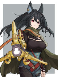 Rule 34 | 1girl, absurdres, animal ears, black hair, breasts, cape, cleavage, clothing cutout, denim, ear piercing, erune, granblue fantasy, gun, hair between eyes, highres, ilsa (granblue fantasy), jeans, large breasts, long hair, looking at viewer, pants, pantyhose, piercing, poiramee, red eyes, solo, standing, torn clothes, torn jeans, torn pants, weapon