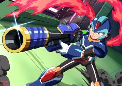 Rule 34 | 1boy, absurdres, aiming, android, armor, blue armor, building, clenched teeth, commentary, dated, deviantart username, energy cape, english commentary, green eyes, gun, helmet, highres, holding, holding gun, holding weapon, innovator123, legs apart, looking afar, male focus, mega man (series), mega man x: command mission, mega man x (series), mega man x dive, outdoors, pixiv id, robot, signature, smoke, solo, sparkle, standing, teeth, tumblr username, twitter username, weapon, x (mega man)