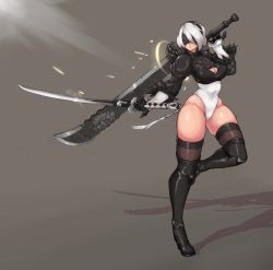Rule 34 | 1girl, 2b (nier:automata), absurdres, black gloves, black thighhighs, blindfold, boots, breasts, cleavage, cleavage cutout, clothing cutout, covered navel, curvy, dual wielding, feather-trimmed sleeves, full body, gloves, grey background, hairband, high heel boots, high heels, highleg, highleg leotard, highres, holding, holding sword, holding weapon, huge weapon, kelvin hiu, leotard, nier:automata, nier (series), parted lips, puffy sleeves, shadow, shiny skin, short hair, simple background, skindentation, solo, sword, thighhighs, thighs, thong leotard, weapon, weapon on back, white leotard, wide hips