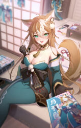 Rule 34 | 1girl, 1other, absurdres, ahoge, animal ears, bare shoulders, black gloves, book, book stack, breasts, cleavage, detached sleeves, dog ears, dog girl, dog tail, feet out of frame, flower knot, genshin impact, gloves, gold trim, green eyes, green kimono, hair between eyes, hair ornament, highres, hina (genshin impact), holding, holding book, holding paintbrush, japanese clothes, kimono, large breasts, long hair, long sleeves, looking at viewer, multicolored hair, neck tassel, off shoulder, open mouth, orange hair, orange tail, outstretched hand, paintbrush, pom pom (clothes), raised eyebrows, sitting, smile, so zei tama tama, solo, solo focus, streaked hair, tail, teeth, translation request, twitter username, two-tone hair, upper teeth only, white hair, wide sleeves