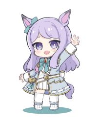 Rule 34 | 1girl, :d, animal ears, arm up, blush, boots, bow, chibi, commentary request, ear ribbon, full body, green bow, green ribbon, grey jacket, highres, horse ears, horse girl, horse tail, jacket, mejiro mcqueen (umamusume), nozo (hitomiz), open mouth, pleated skirt, purple eyes, purple hair, ribbon, shadow, simple background, skirt, smile, solo, standing, swept bangs, tail, thighhighs, thighhighs under boots, umamusume, white background, white footwear, white skirt, white thighhighs