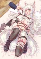 Rule 34 | 1girl, absurdres, animal ear fluff, animal ears, areola slip, arknights, arms behind back, bdsm, bed, black footwear, black thighhighs, blush, bondage, bound, breasts, chinese commentary, commentary request, commission, disembodied hand, gag, grey eyes, highres, holding, holding gag, indoors, jacket, large breasts, large tail, leveen, long hair, looking at viewer, lying, navel, on back, open mouth, pillow, platinum (arknights), rope, second-party source, sex toy, shoes, short shorts, shorts, silver hair, solo focus, stomach, tail, thighhighs, thighs, tongue, tongue out, very long hair, vibrator, white jacket, white shorts, wooden floor