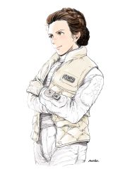Rule 34 | 1girl, animification, brown eyes, brown hair, gloves, matsuri6373, military, military uniform, princess leia organa solo, rebel alliance, science fiction, signature, simple background, solo, star wars, uniform, vest