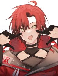 Rule 34 | 1boy, ahoge, bishounen, black choker, black gloves, choker, gloves, hand up, highres, holostars, holostars english, machina x flayon, male focus, open mouth, pointing, pointing at self, red hair, short hair, simple background, solo, upper body, white background, xmayo0x