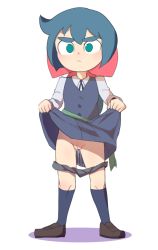 Rule 34 | 1girl, blue hair, blush, bow, cleft of venus, clothes lift, constanze amalie von braunschbank-albrechtsberger, female focus, full body, green eyes, hair bow, hair ornament, highres, hua (hua113), lifted by self, little witch academia, long hair, luna nova school uniform, panties, panty pull, ponytail, pussy, pussy juice, school uniform, shirt, shoes, simple background, skirt, skirt lift, socks, solo, standing, uncensored, underwear, white background