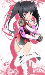 Rule 34 | 1girl, black hair, blush, breasts, closed mouth, commentary request, covered navel, highres, leotard, long hair, looking at viewer, red eyes, senki zesshou symphogear, small breasts, smile, solo, tanashi (mk2), thighhighs, tsukuyomi shirabe, twintails, white thighhighs, yo-yo