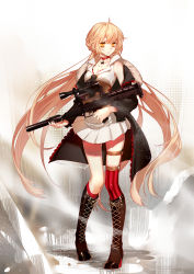 Rule 34 | 1girl, assault rifle, asymmetrical legwear, bare shoulders, black footwear, blonde hair, boots, braid, breasts, bullpup, choker, cleavage, cross-laced footwear, full body, girls&#039; frontline, gun, high heel boots, high heels, highres, holding, holding weapon, jacket, knee boots, lace-up boots, long hair, looking at viewer, looking away, ots-14 (girls&#039; frontline), ots-14 groza, pleated skirt, red thighhighs, rifle, scope, single thighhigh, skirt, socks, solo, spinel (9057), standing, striped clothes, striped socks, striped thighhighs, suppressor, thighhighs, twintails, uneven legwear, vertical-striped clothes, vertical-striped thighhighs, very long hair, weapon, white skirt, yellow eyes