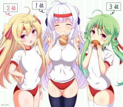 Rule 34 | 3girls, ^ ^, ahoge, azur lane, black legwear, blonde hair, blush, braid, bread, bread eating race, breasts, buruma, closed eyes, closed mouth, comet (azur lane), commentary request, covered mouth, crescent (azur lane), cygnet (azur lane), double bun, double v, facing viewer, food, green hair, gym shirt, hair between eyes, hair bun, hairband, hands on own hips, hands up, highres, kamishiro (rsg10679), large breasts, long hair, mouth hold, multiple girls, open mouth, purple eyes, red buruma, red hairband, shirt, side bun, silver hair, single side bun, smile, standing, striped, striped background, sweatdrop, thighhighs, twintails, two side up, v, vertical stripes, very long hair, white legwear, white shirt