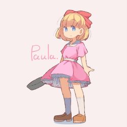 Rule 34 | 1girl, blonde hair, blue eyes, bow, character name, child, dress, female focus, frying pan, hair bow, loafers, mother (game), mother 2, paula (mother 2), pink dress, shimazaki1152, shoes, simple background, socks, solo, standing