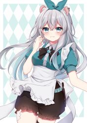 Rule 34 | 1girl, absurdres, alternate costume, animal ear piercing, animal ears, aone ioru, apron, aqua belt, aqua eyes, aqua hair, aqua ribbon, aqua shirt, argyle, argyle background, argyle clothes, belt, belt buckle, black bow, black bowtie, black shorts, blush, border, bow, bowtie, buckle, buttons, closed mouth, collared shirt, commentary request, commission, cowboy shot, crossed bangs, enmaided, eyes visible through hair, framed breasts, frilled apron, frilled shorts, frills, gradient hair, green background, grey hair, hair between eyes, hair ribbon, hamster ears, hamster girl, hand up, highres, indie virtual youtuber, light smile, long hair, looking at viewer, maid, maid apron, multicolored hair, outside border, puffy short sleeves, puffy sleeves, ribbon, second-party source, shinonome asu, shirt, short sleeves, shorts, skeb commission, solo, standing, virtual youtuber, waist apron, white apron, white background, white border