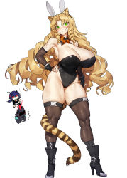 Rule 34 | 1other, 2girls, alternate breast size, alternate costume, anger vein, animal ears, ankle boots, arknights, arm warmers, armpits, backless leotard, bare shoulders, black footwear, black gloves, black leotard, blonde hair, blush, boots, bow, bowtie, breasts, brown legwear, buckle, ch&#039;en (arknights), chibi, cleavage, commentary, covered navel, curly hair, detached collar, doctor (arknights), drill hair, elbow gloves, embarrassed, fake animal ears, fingerless gloves, full body, gloves, green eyes, groin, hand on own hip, high heel boots, high heels, highres, huge breasts, legs apart, leotard, long hair, looking at viewer, melon22, multiple girls, muscular, muscular female, orange neckwear, parted bangs, parted lips, playboy bunny, rabbit ears, side drill, sidelocks, simple background, skin tight, skindentation, snap-fit buckle, solo focus, stab, standing, strapless, strapless leotard, sweatdrop, swire (arknights), sword, tail, tail around own leg, thick thighs, thigh strap, thighhighs, thighs, tiger ears, tiger girl, tiger tail, translated, twin drills, weapon, white background, wing collar