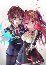 Rule 34 | 1boy, 1girl, aiguillette, amame hisato, blazer, bow, bowtie, brown hair, closed mouth, fire, flaming weapon, green eyes, hair bow, hair ornament, holding, holding weapon, jacket, jouizumi masamune, katana, long hair, long sleeves, necktie, open mouth, outstretched arms, pants, pisuke, pleated skirt, puffy long sleeves, puffy sleeves, pyrokinesis, red eyes, red hair, school uniform, serious, short hair, skirt, spread fingers, sword, tenka hyakken, twintails, weapon