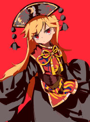 Rule 34 | 1girl, absurdres, black dress, black headwear, blonde hair, bow, chinese clothes, closed mouth, crescent, crescent hat ornament, dress, gold trim, hat ornament, highres, junko (touhou), long hair, phoenix crown, phoenix print, pom pom (clothes), red background, red eyes, red tabard, ribbon, so happy 64, solo, tabard, tassel, touhou, wide sleeves