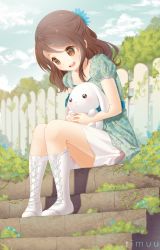 Rule 34 | 1girl, :&lt;, :d, animal, artist name, black eyes, blouse, blue flower, blue sky, blush, boots, borrowed character, brown eyes, collarbone, cross-laced footwear, day, dress, eyebrows, fence, flower, full body, green shirt, hair flower, hair ornament, highres, ivy, knee boots, lace-up boots, looking down, open mouth, original, outdoors, plant, puffy short sleeves, puffy sleeves, rabbit, ribbon, rimuu, round teeth, shirt, shoelaces, short hair, short sleeves, sidelocks, sitting, sitting on stairs, skirt, sky, smile, solo, stairs, sundress, teeth, thighs, tree, wavy hair, white footwear, white ribbon, white skirt