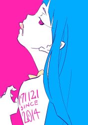 Rule 34 | 1girl, anniversary, bare shoulders, blue hair, blunt bangs, body writing, colored skin, dated, head tilt, highres, japan animator expo, long hair, looking at viewer, me!me!me!, meme (me!me!me!), pink background, pink eyes, ringed eyes, saliva, simple background, solo, tongue, tongue out, upper body, white skin, yoshizaki hibiki