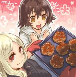 Rule 34 | 2girls, age difference, ahoge, anju (utawarerumono), aquaplus, baking, baking sheet, black dress, blush, breasts, brown eyes, brown hair, chocolate, closed mouth, dress, family, food, frills, from above, from side, hair between eyes, hair over shoulder, honoka (utawarerumono: itsuwari no kamen), large breasts, long hair, mittens, mother and daughter, multiple girls, open mouth, oven mitts, pastry, petari86stick, raised eyebrows, red eyes, red mittens, short hair, short sleeves, sidelocks, signature, small breasts, smile, swept bangs, taut clothes, taut dress, utawarerumono, utawarerumono: itsuwari no kamen, wavy hair, white hair
