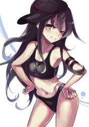 Rule 34 | 10s, 1girl, akatsuki (kancolle), black hair, blush, breasts, buruma, contrapposto, cowboy shot, hands on own hips, hat, kantai collection, kuzu (miduhana), long hair, navel, one eye closed, simple background, small breasts, smile, solo, sports bra, standing, very long hair