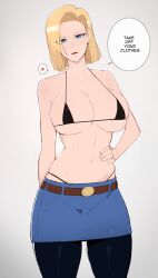 Rule 34 | 1girl, android 18, asymmetrical bangs, belt, bikini, bikini under clothes, black bikini, black pantyhose, blonde hair, blue eyes, blue skirt, breasts, brown belt, cleavage, commentary, cowboy shot, denim, denim skirt, dragon ball, dragonball z, ear piercing, earrings, english commentary, english text, expressionless, gradient background, grey background, hand on own hip, head tilt, heart, jewelry, kisou (kisou00), large breasts, looking at viewer, micro bikini, miniskirt, navel, paid reward available, pantyhose, parted bangs, parted lips, pencil skirt, piercing, short hair, simple background, skindentation, skirt, solo, speech bubble, spoken heart, standing, stomach, straight hair, string bikini, swimsuit