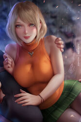 Rule 34 | 1boy, 1girl, ashley graham, blonde hair, blurry, blurry background, breasts, jewelry, large breasts, leon s. kennedy, lips, looking at viewer, necklace, olchas, orange sweater, panties, pantyshot, plaid, plaid skirt, rain, resident evil, resident evil 4, resident evil 4 (remake), short hair, skirt, sleeveless, sleeveless sweater, sleeveless turtleneck, smile, solo focus, sweater, turtleneck, underwear, white panties, yellow eyes