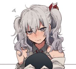 Rule 34 | 1girl, bare shoulders, black hat, blue eyes, blush, closed mouth, collared shirt, grey hair, grey shirt, hair between eyes, hair ribbon, hat, highres, holding, holding clothes, holding hat, kantai collection, kashima (kancolle), long hair, looking at viewer, nose blush, ribbon, shirt, simple background, solo, squiggle, sumoffu, tears, twintails, unworn hat, unworn headwear, upper body, wavy hair, white background