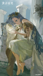 Rule 34 | 1girl, 37 (reverse:1999), :&lt;, absurdres, ancient greek clothes, architecture, arm pillow, armlet, asymmetrical bangs, barefoot, blue eyes, blue hair, blue sky, cloud, column, copyright name, copyright notice, crossed ankles, day, from side, full body, greco-roman architecture, greco-roman clothes, hair between eyes, hand up, head down, head on arm, head rest, highres, laurel crown, logo, long hair, looking at object, looking down, official art, official wallpaper, outdoors, pillar, reverse:1999, single bare shoulder, sitting, sky, solo, toga, triangle