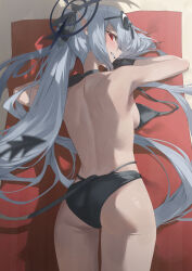Rule 34 | 1girl, absurdres, ass, back, bare shoulders, bikini, black bikini, black gloves, blue archive, blush, breasts, choker, clenched teeth, dark-skinned female, dark skin, demon tail, eyewear on head, gloves, grey hair, hair over one eye, hair ribbon, halo, highres, iori (blue archive), iori (swimsuit) (blue archive), long hair, looking at viewer, looking back, lying, multi-strapped bikini bottom, official alternate costume, on stomach, pointy ears, red eyes, ribbon, sb lama, small breasts, solo, sunglasses, swimsuit, tail, teeth, thigh strap, thighs, twintails, untied bikini, very long hair