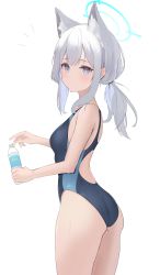 Rule 34 | 1girl, absurdres, alternate hairstyle, animal ear fluff, animal ears, blue archive, blue one-piece swimsuit, bottle, competition swimsuit, from side, halo, highres, looking at viewer, low ponytail, mismatched pupils, one-piece swimsuit, parted bangs, shiroko (blue archive), shiroko (swimsuit) (blue archive), short hair, silver hair, simple background, solo, swimsuit, thighs, water bottle, white background, xochi (nueeen6978)