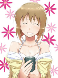 Rule 34 | 1girl, bare shoulders, blush, breasts, brown hair, cleavage, cup, closed eyes, flower, grin, hagiwara yukiho, idolmaster, idolmaster (classic), inu (aerodog), jacket, off shoulder, open clothes, open jacket, short hair, smile, solo, steam