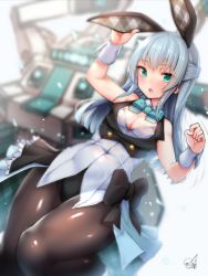 Rule 34 | 1girl, alice gear aegis, animal ears, arm up, bare shoulders, black bow, black leotard, blue hair, blurry, blurry background, blush, bow, bowtie, breasts, brown pantyhose, cleavage, clenched hand, commentary request, covered navel, crop top, depth of field, doyouwantto, fake animal ears, from below, green bow, green bowtie, green eyes, half updo, hand up, leotard, long hair, looking at viewer, mecha, ochanomizu mirie, open mouth, pantyhose, plaid, playboy bunny, rabbit ears, robot, shiny clothes, sidelocks, signature, small breasts, solo, standing, standing on one leg, white background, wrist cuffs