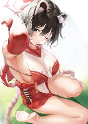 Rule 34 | 1girl, absurdres, animal ear fluff, animal ears, armpits, arms up, barefoot, black hair, blue archive, blush, breasts, closed mouth, dress, feet, gloves, halo, highres, large breasts, legs, looking at viewer, looking up, miniskirt, mugika, one eye closed, red dress, red gloves, short hair, sideboob, sitting, skirt, soles, solo, thighs, toes, tsubaki (blue archive), two-tone shirt