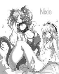 Rule 34 | 2girls, bare shoulders, bow, bowtie, fins, flat chest, greyscale, hand on own hip, head fins, hip focus, kara (color), long hair, looking at viewer, monochrome, monster girl, multiple girls, navel, nixie (mythology), original, simple background, sitting, strapless, tail, tube top, twintails