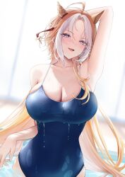 1girl ahoge animal_ears arm_up armpits breasts cleavage highres horse_girl huziko32 large_breasts long_hair multicolored_hair orfevre_(umamusume) pool school_swimsuit skindentation swimsuit two-tone_hair umamusume very_long_hair wet wet_clothes wet_swimsuit