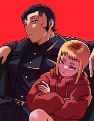 Rule 34 | 1boy, 1girl, belt, black belt, black coat, black eyes, black hair, black pants, black shirt, blonde hair, brown hair, chainsaw man, closed mouth, coat, collared shirt, commentary, crossed arms, frown, highres, hood, hoodie, katana man (chainsaw man), multicolored hair, nya tt0, pants, red background, red eyes, red hoodie, sawatari akane (chainsaw man), shirt, sideburns, simple background, sitting, symbol-only commentary, two-tone hair