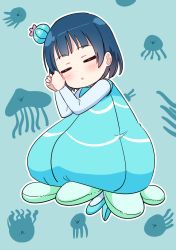 Rule 34 | 1girl, :d, :o, aged down, aqua background, blue dress, blue footwear, blue hair, blue legwear, blush, bun cover, child, clenched hands, closed eyes, deadnooodles, dress, full body, highres, jellyfish, jellyfish costume, long sleeves, love live!, love live! sunshine!!, open mouth, outline, own hands together, short hair, sleeping, smile, solo, tsushima yoshiko, white outline