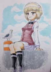 Rule 34 | 1girl, arm support, bad id, bad twitter id, bartender, bird, black bow, black bowtie, black socks, blonde hair, blue sky, blunt bangs, blush, bow, bowtie, breasts, brown vest, closed mouth, cloud, cloudy sky, commentary request, cutlass (girls und panzer), dated, daxz240r, day, dress shirt, full body, girls und panzer, handkerchief, highres, leaning back, light blush, loafers, long sleeves, maid headdress, miniskirt, outdoors, photo (object), pier, pleated skirt, print socks, school uniform, seagull, shirt, shoes, short hair, single horizontal stripe, sitting, skindentation, skirt, sky, small breasts, smile, socks, solo, traditional media, vest, white footwear, white shirt, white skirt, wing collar, yellow eyes