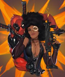 Rule 34 | 1boy, 1girl, afro, bare shoulders, black gloves, black hair, bodysuit, breasts, brown eyes, cleavage, dark skin, deadpool, deadpool (movie), deadpool (series), deadpool 2, detached sleeves, domino (marvel), facepaint, fingerless gloves, firing, gloves, grabbing, gun, hand on another&#039;s chin, hands up, head grab, heterochromia, holding, holding gun, holding weapon, light smile, lips, looking at viewer, machine gun, marvel, mask, medium hair, morry, muzzle flash, orange eyes, parted lips, shiny clothes, signature, sword, sword hilt, upper body, vest, weapon, weapon on back