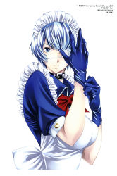Rule 34 | 00s, 1girl, absurdres, blue eyes, blue gloves, blue hair, breasts, choker, eyepatch, female focus, gloves, highres, ikkitousen, large breasts, maid, matching hair/eyes, mole, mole under mouth, non-web source, official art, ryomou shimei, shiozaki yuji, short hair, simple background, smile, solo