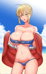 Rule 34 | 1girl, 1nilla&#039;, artoria pendragon (fate), artoria pendragon (lancer) (fate), bandeau, beach, bikini, blonde hair, blue bikini, blush, braid, breasts, cameltoe, cape, collarbone, day, fate/grand order, fate (series), gluteal fold, green eyes, highres, huge breasts, lips, looking at viewer, navel, open mouth, outdoors, pink lips, red cape, sidelocks, solo, sweat, swimsuit