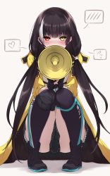 Rule 34 | 1girl, absurdres, black gloves, blush, diieru, earpiece, embarrassed, emoticon, eyebrows, fingerless gloves, full body, girls&#039; frontline, gloves, heterochromia, highres, holding, holding megaphone, hood, hooded jacket, jacket, long hair, looking at viewer, megaphone, multicolored hair, nose, orange eyes, over-kneehighs, pleated skirt, ro635 (girls&#039; frontline), shirt, shoes, skirt, solo, squatting, streaked hair, striped clothes, striped thighhighs, sweater vest, thighhighs, tsurime, white background, white hair, yellow eyes