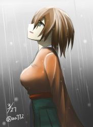 Rule 34 | 10s, 1girl, a.a (aa772), bad id, bad nicoseiga id, breasts, brown eyes, brown hair, hiryuu (kancolle), japanese clothes, kantai collection, large breasts, long sleeves, looking up, open mouth, personification, rain, ribbon, short hair, side ponytail, skirt, solo, tears, twitter username, wide sleeves