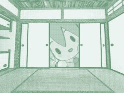 Rule 34 | 1girl, architecture, blush stickers, character doll, commentary, east asian architecture, hatsune miku, indoors, looking at viewer, monochrome, morioka wankosoba, necktie, open door, sanpati (style), shelf, sliding doors, smile, solid oval eyes, solo, stuffed toy, vocaloid