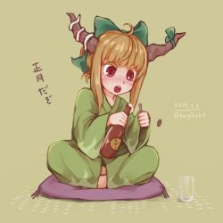 Rule 34 | 1girl, ahoge, alcohol, artist name, beer, beer bottle, bottle, bottle cap, bottle opener, bow, cup, cushion, dated, drinking glass, full body, green background, green bow, green ribbon, hair bow, holding, holding bottle, horn ornament, horn ribbon, horns, ibuki suika, indian style, january, japanese clothes, kagikake, light brown hair, oni, open mouth, opening, red eyes, ribbon, simple background, sitting, solo, touhou, twitter username, zabuton