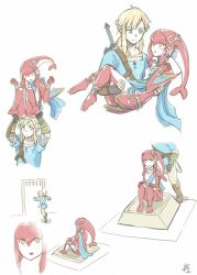 Rule 34 | 1boy, 1girl, barefoot, blue shirt, boots, breasts, brown footwear, buttons, carrying, collarbone, colored skin, commentary request, door, fingerless gloves, fins, fish girl, gloves, hair ornament, holding, jewelry, knee boots, knees up, link, long hair, mipha, monbetsu kuniharu, monster girl, multicolored skin, nintendo, pants, pointy ears, ponytail, princess carry, red hair, red skin, running, shirt, signature, sitting, smile, sword, the legend of zelda, the legend of zelda: breath of the wild, weapon, weapon on back, white background, yellow eyes, zora